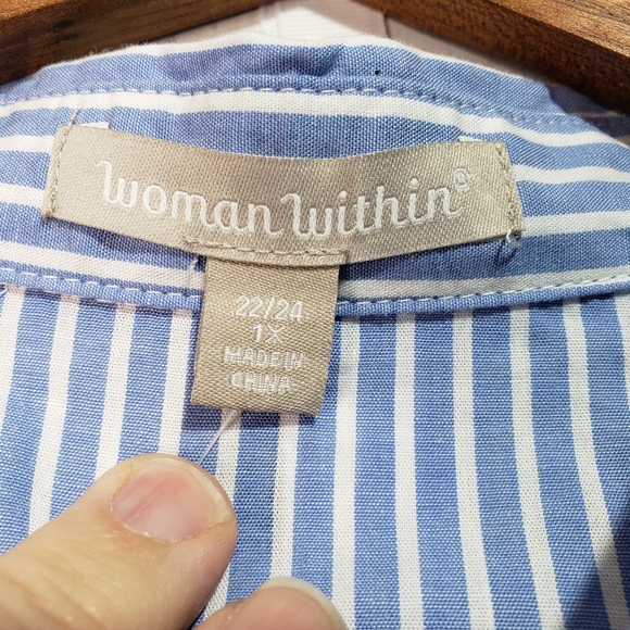 New! Woman Within Blue Striped Button Up Cotton - Picture 4 of 7